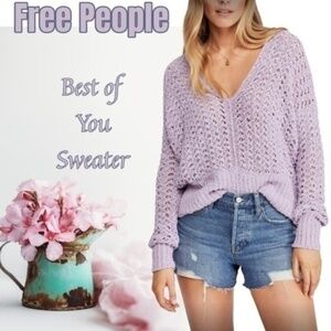 FREE PEOPLE Best of You Open-Knit Deep V-Neck Cotton Sweater/LG NWT
